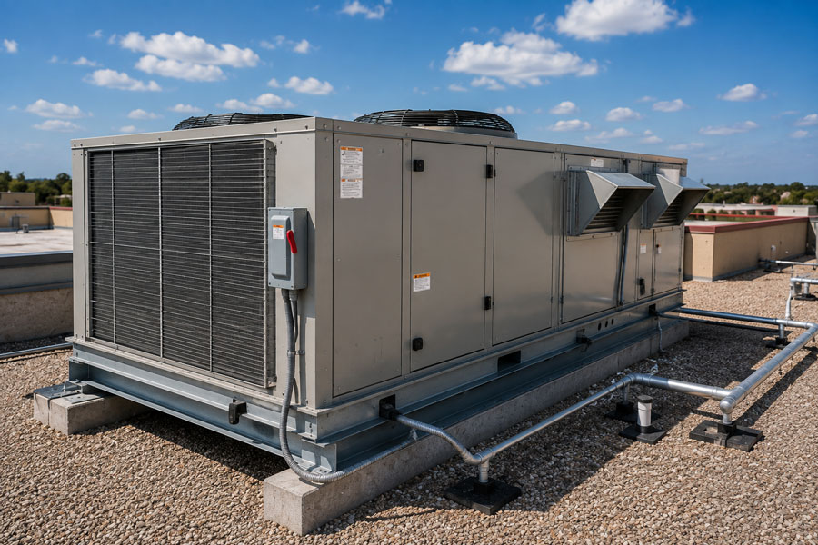 Commercial HVAC technician inspecting a rooftop heating unit for a South Texas business