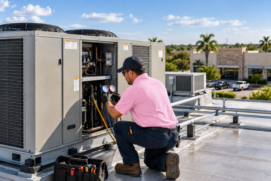 Commercial HVAC technician servicing a rooftop HVAC unit for a business in South Texas