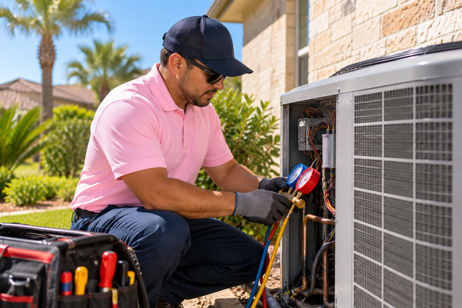 HVAC service McAllen professional performing routine air conditioning system maintenance