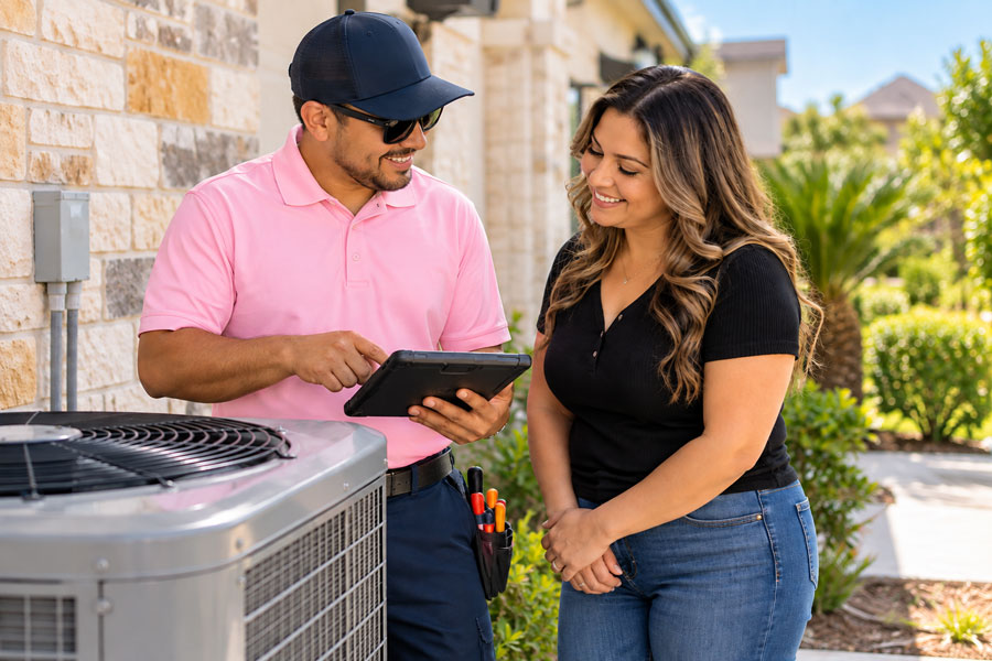 HVAC repair McAllen technician inspecting an AC system that is running but not cooling
